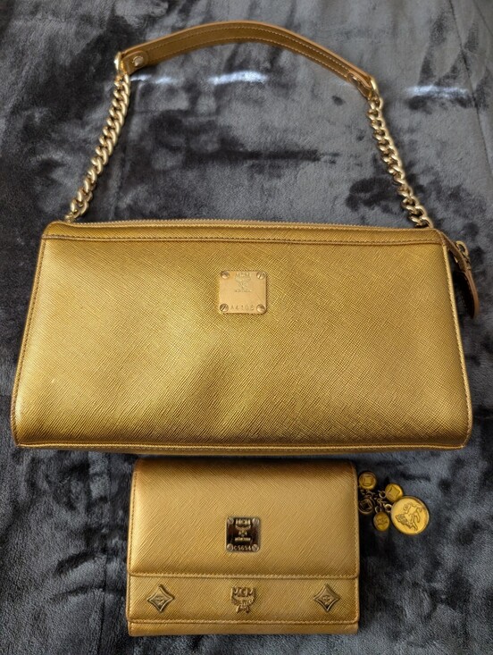 MCM Handbags - MCM Gold Leather Shoulder Bag and Wallet W/Charms Set In Gorgeous Condition!